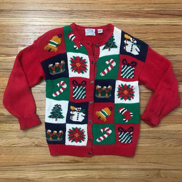 Vintage Sweaters - Vintage Christmas Cardigan Knitted by Hand